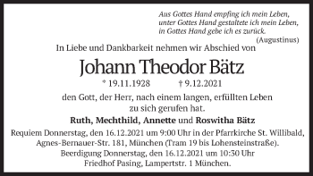 Traueranzeige von Johann Theodor Bätz von merkurtz