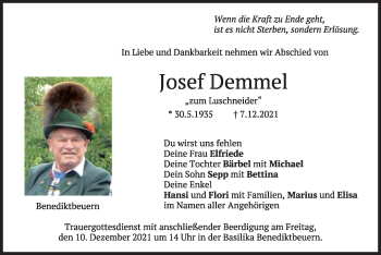 Traueranzeige von Josef Demmel von merkurtz