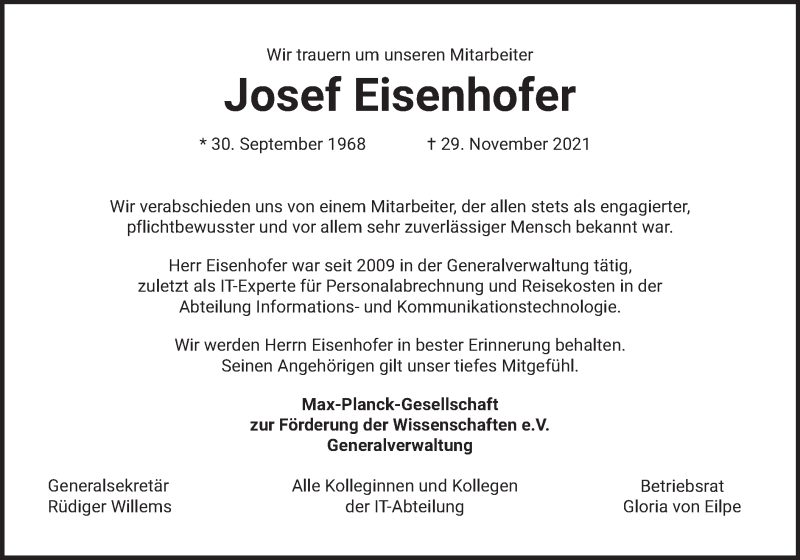  Traueranzeige für Josef Eisenhofer vom 04.12.2021 aus merkurtz