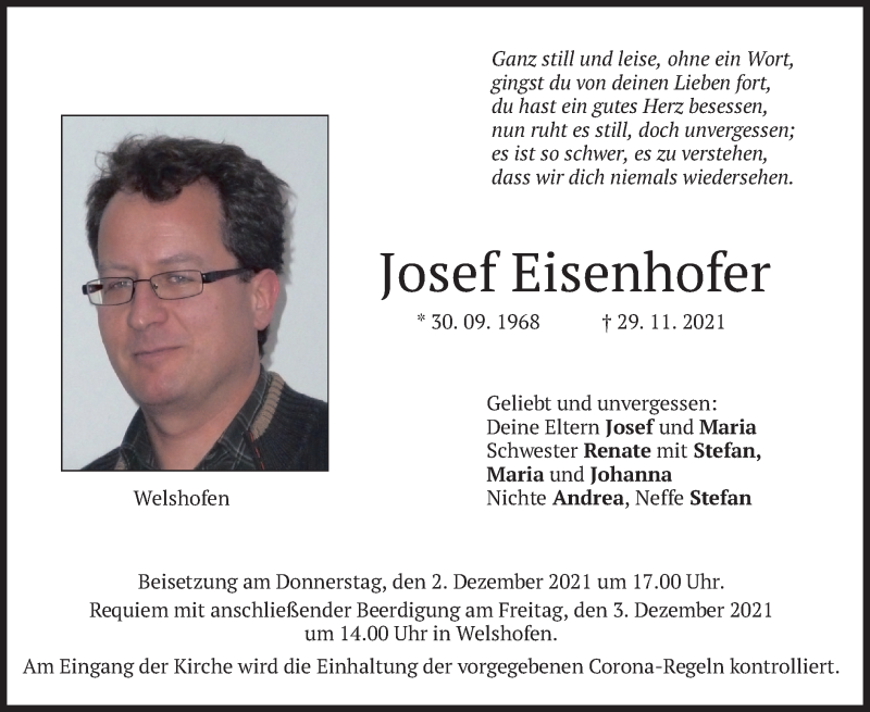  Traueranzeige für Josef Eisenhofer vom 02.12.2021 aus merkurtz