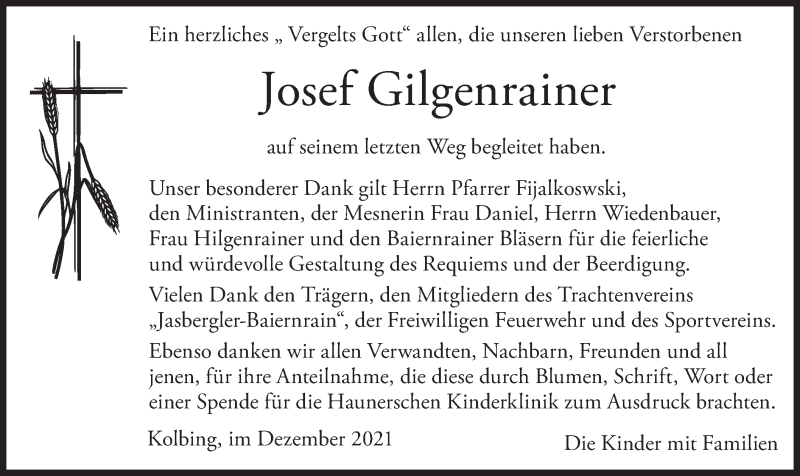  Traueranzeige für Josef Gilgenrainer vom 08.12.2021 aus merkurtz