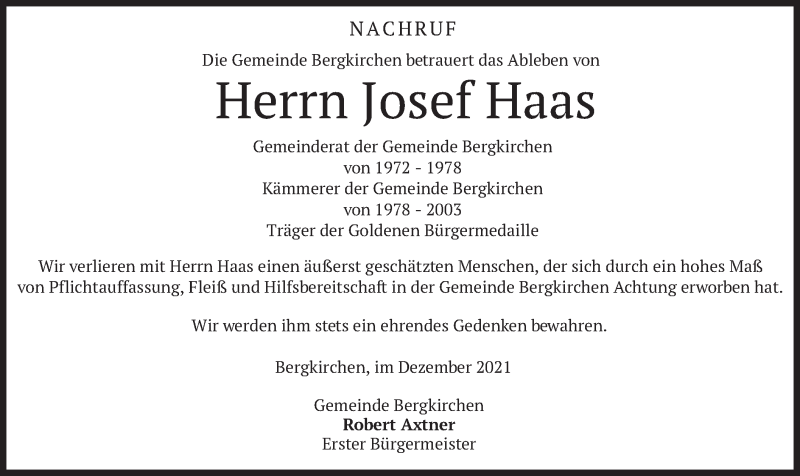 Traueranzeige für Josef Haas vom 04.12.2021 aus merkurtz
