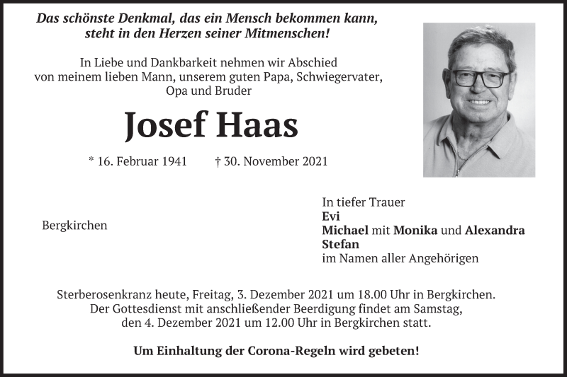  Traueranzeige für Josef Haas vom 03.12.2021 aus merkurtz