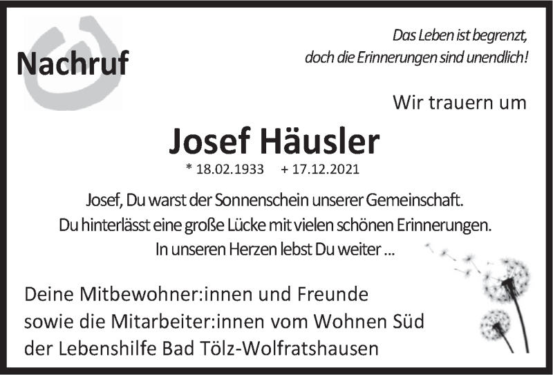  Traueranzeige für Josef Häusler vom 22.12.2021 aus merkurtz