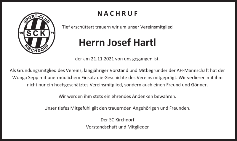  Traueranzeige für Josef Hartl vom 04.12.2021 aus merkurtz