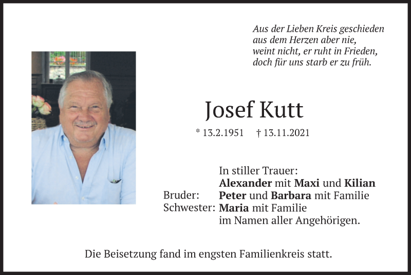  Traueranzeige für Josef Kutt vom 11.12.2021 aus merkurtz