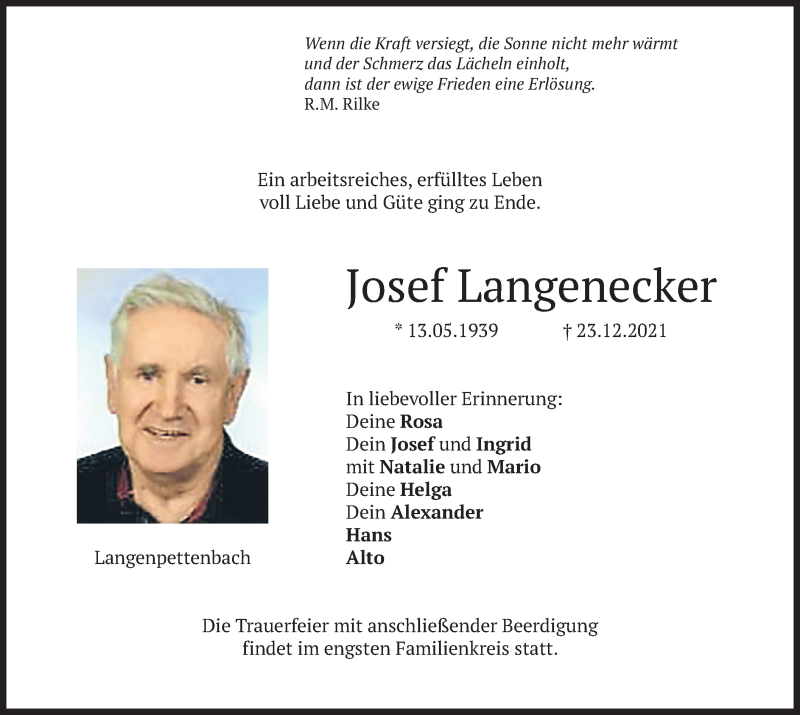  Traueranzeige für Josef Langenecker vom 24.12.2021 aus merkurtz