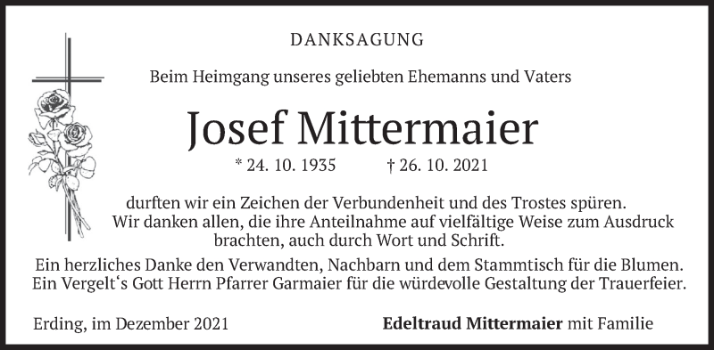  Traueranzeige für Josef Mittermaier vom 04.12.2021 aus merkurtz