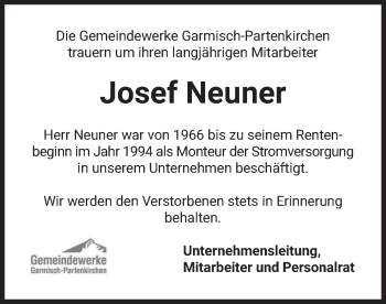 Traueranzeige von Josef Neuner von merkurtz