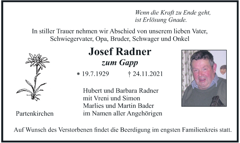  Traueranzeige für Josef Radner vom 04.12.2021 aus merkurtz
