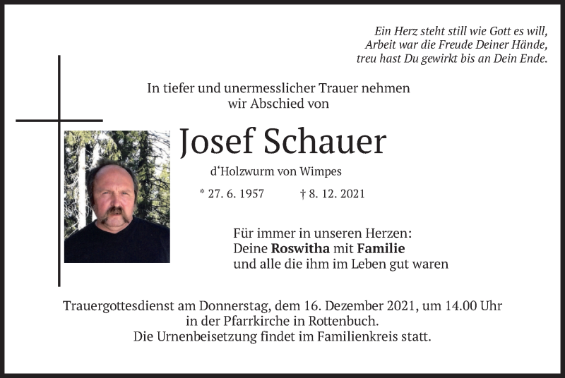  Traueranzeige für Josef Schauer vom 13.12.2021 aus merkurtz