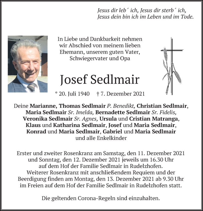  Traueranzeige für Josef Sedlmair vom 10.12.2021 aus merkurtz