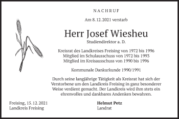 Traueranzeige von Josef Wiesheu von merkurtz