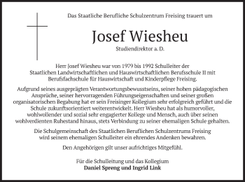 Traueranzeige von Josef Wiesheu von merkurtz