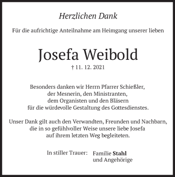 Traueranzeige von Josefa Weibold von merkurtz