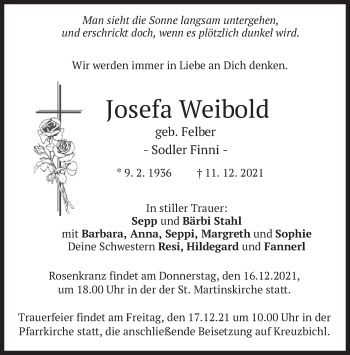 Traueranzeige von Josefa Weibold von merkurtz