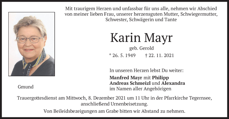  Traueranzeige für Karin Mayr vom 04.12.2021 aus merkurtz