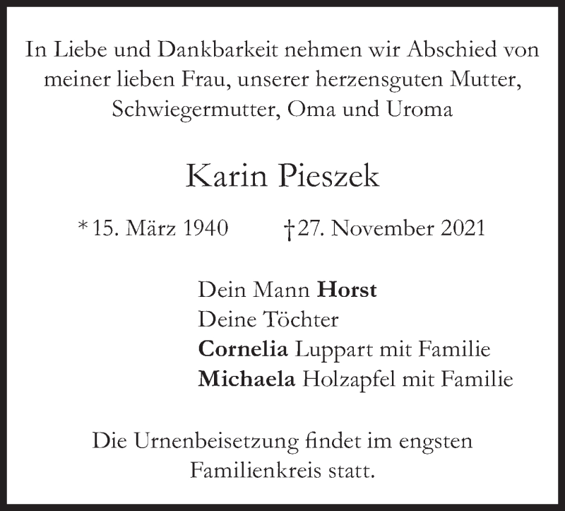  Traueranzeige für Karin Pieszek vom 04.12.2021 aus merkurtz