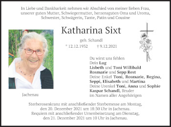 Traueranzeige von Katharina Sixt von merkurtz
