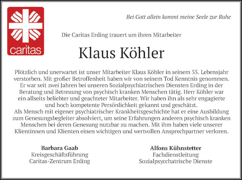  Traueranzeige für Klaus Köhler vom 18.12.2021 aus merkurtz