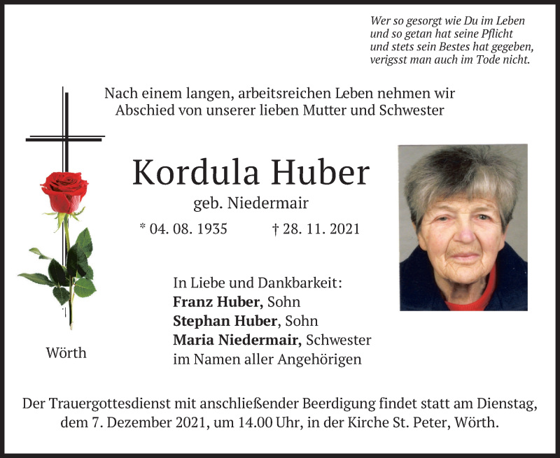  Traueranzeige für Kordula Huber vom 03.12.2021 aus merkurtz