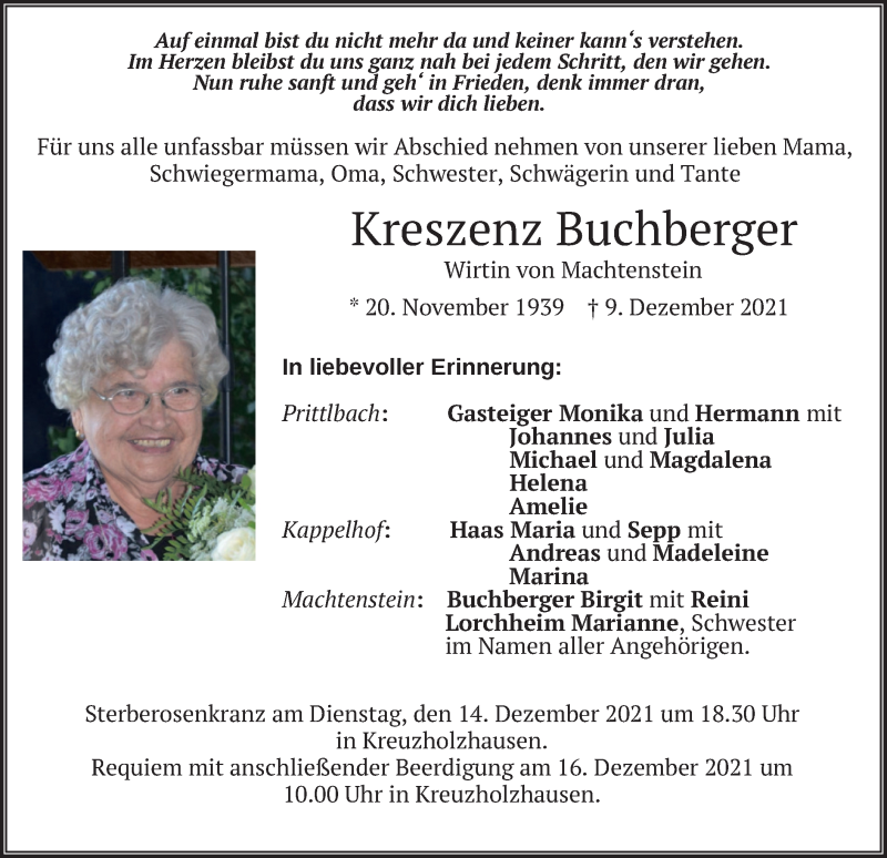  Traueranzeige für Kreszenz Buchberger vom 13.12.2021 aus merkurtz