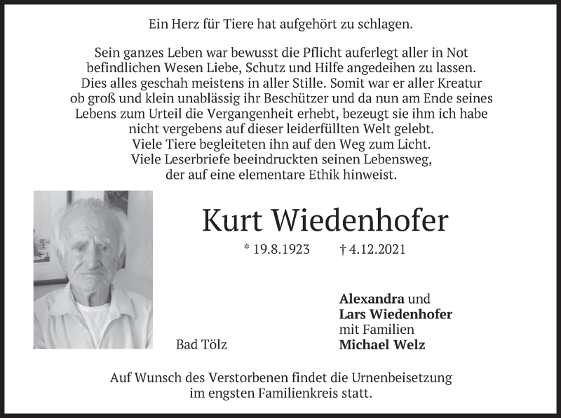  Traueranzeige für Kurt Wiedenhofer vom 10.12.2021 aus merkurtz