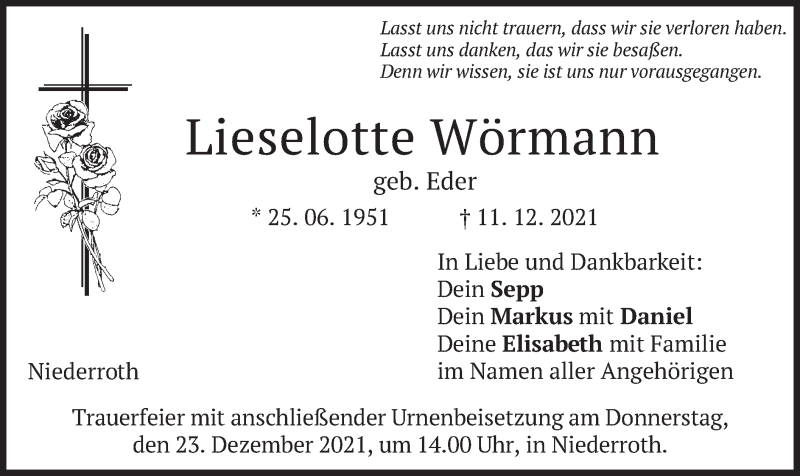  Traueranzeige für Lieselotte Wörmann vom 21.12.2021 aus merkurtz
