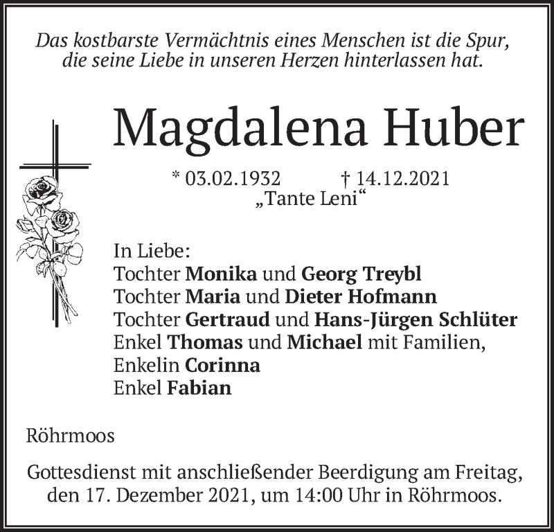  Traueranzeige für Magdalena Huber vom 15.12.2021 aus merkurtz