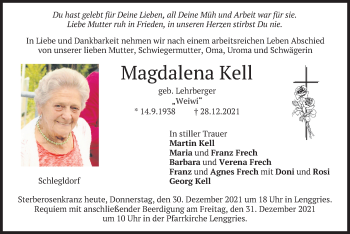 Traueranzeige von Magdalena Kell von merkurtz