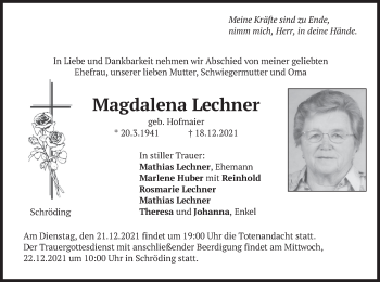 Traueranzeige von Magdalena Lechner von merkurtz