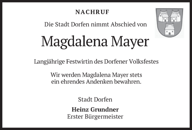 Traueranzeige für Magdalena Mayer vom 07.12.2021 aus merkurtz