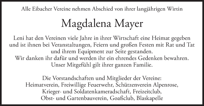  Traueranzeige für Magdalena Mayer vom 04.12.2021 aus merkurtz