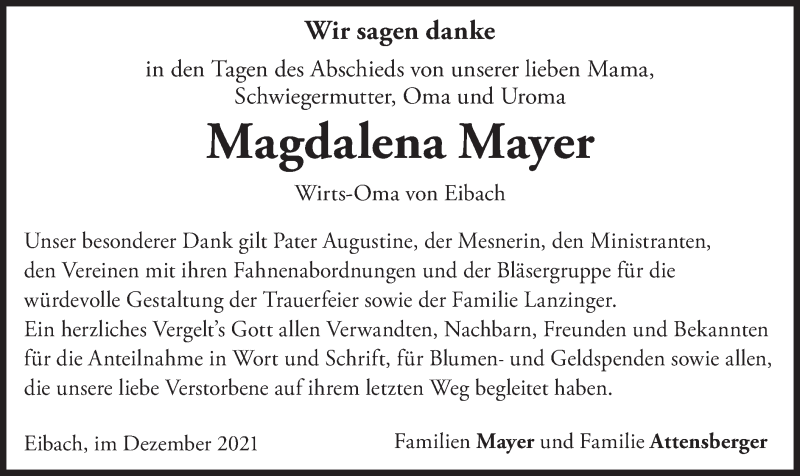  Traueranzeige für Magdalena Mayer vom 23.12.2021 aus merkurtz