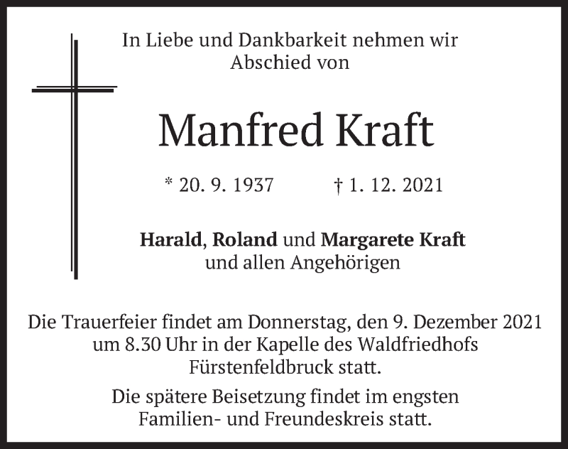  Traueranzeige für Manfred Kraft vom 07.12.2021 aus merkurtz