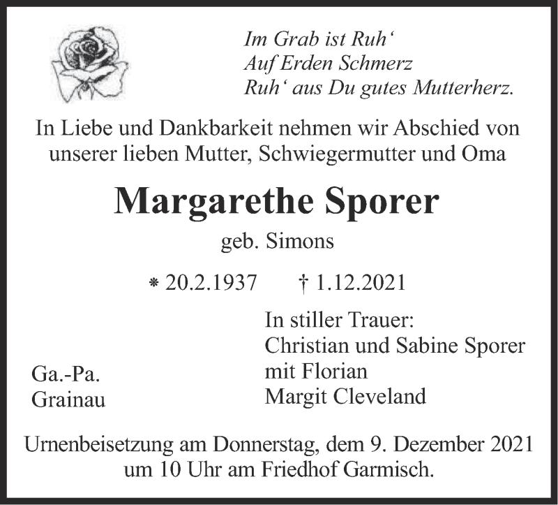  Traueranzeige für Margarethe Sporer vom 04.12.2021 aus merkurtz
