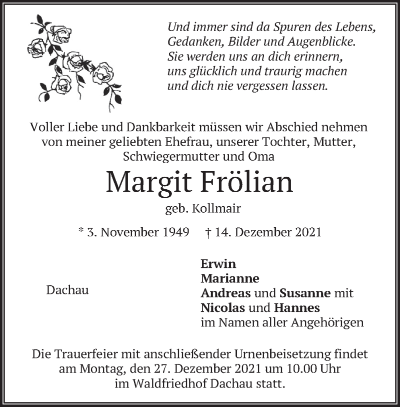  Traueranzeige für Margit Frölian vom 24.12.2021 aus merkurtz