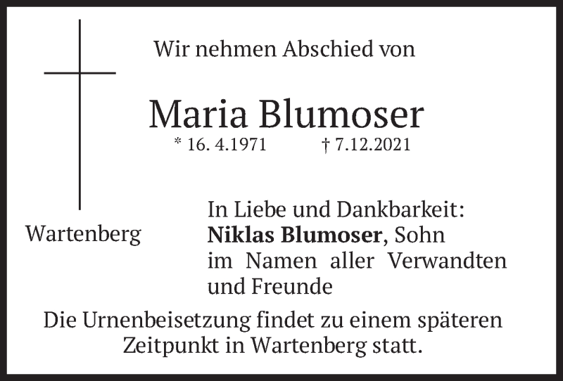  Traueranzeige für Maria Blumoser vom 13.12.2021 aus merkurtz
