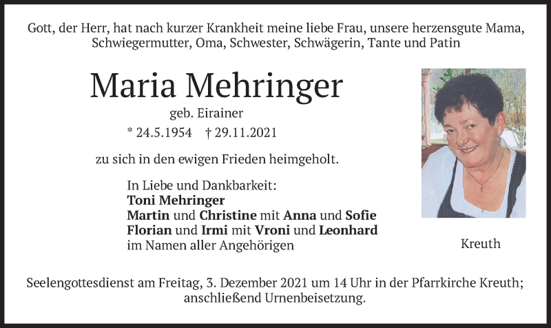  Traueranzeige für Maria Mehringer vom 01.12.2021 aus merkurtz