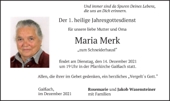 Traueranzeige von Maria Merk von merkurtz