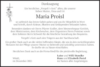 Traueranzeige von Maria Proisl von merkurtz