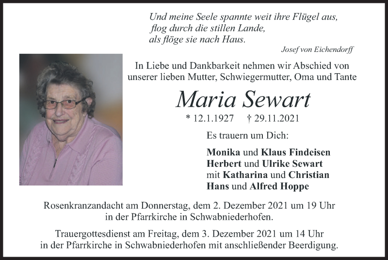  Traueranzeige für Maria Sewart vom 01.12.2021 aus merkurtz
