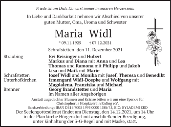 Traueranzeige von Maria Widl von merkurtz