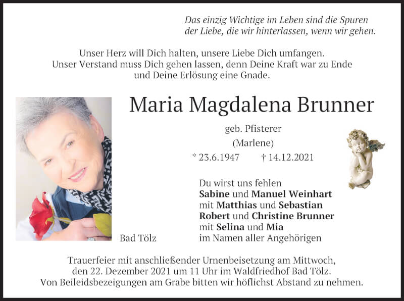  Traueranzeige für Maria Magdalena Brunner vom 18.12.2021 aus merkurtz