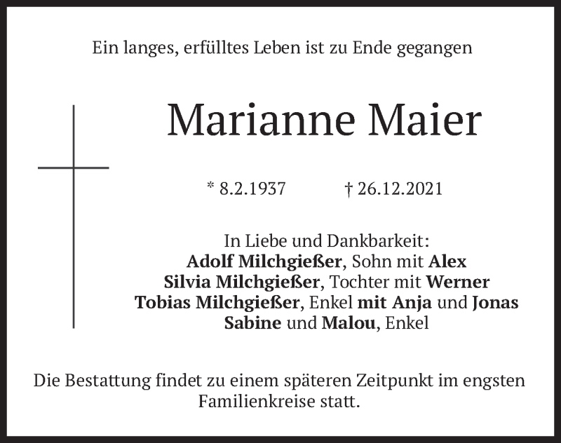  Traueranzeige für Marianne Maier vom 31.12.2021 aus merkurtz