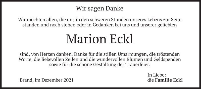  Traueranzeige für Marion Eckl vom 11.12.2021 aus merkurtz