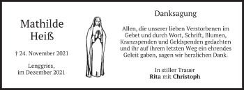 Traueranzeige von Mathilde Heiß von merkurtz