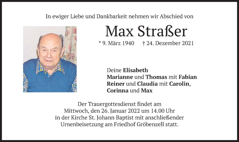  Traueranzeige für Max Straßer vom 31.12.2021 aus merkurtz
