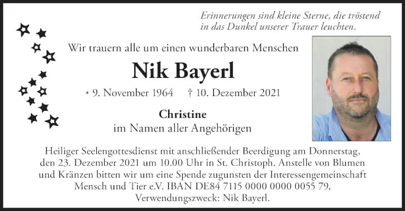  Traueranzeige für Nik Bayerl vom 18.12.2021 aus merkurtz