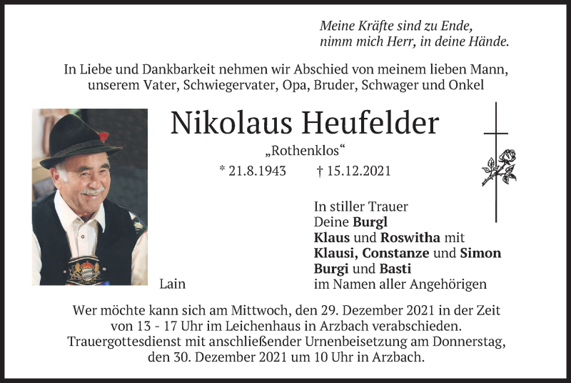  Traueranzeige für Nikolaus Heufelder vom 28.12.2021 aus merkurtz